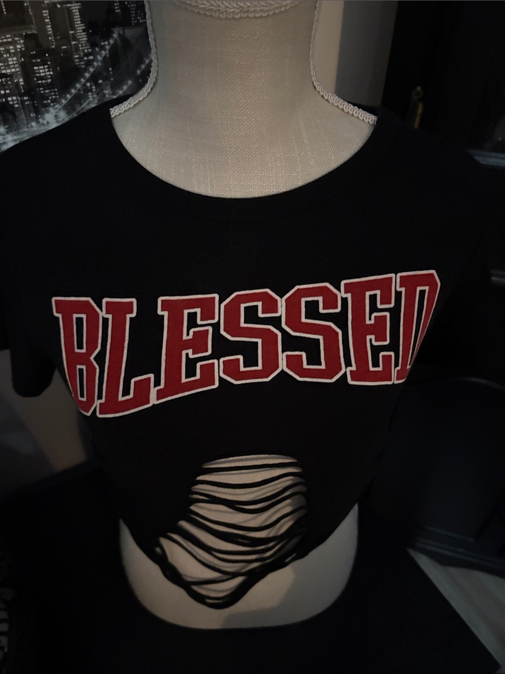 Black 'Blessed' Distressed Crop Top  m